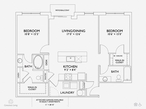 Floor plan for 2 beds, 2 baths, 1094 sqft